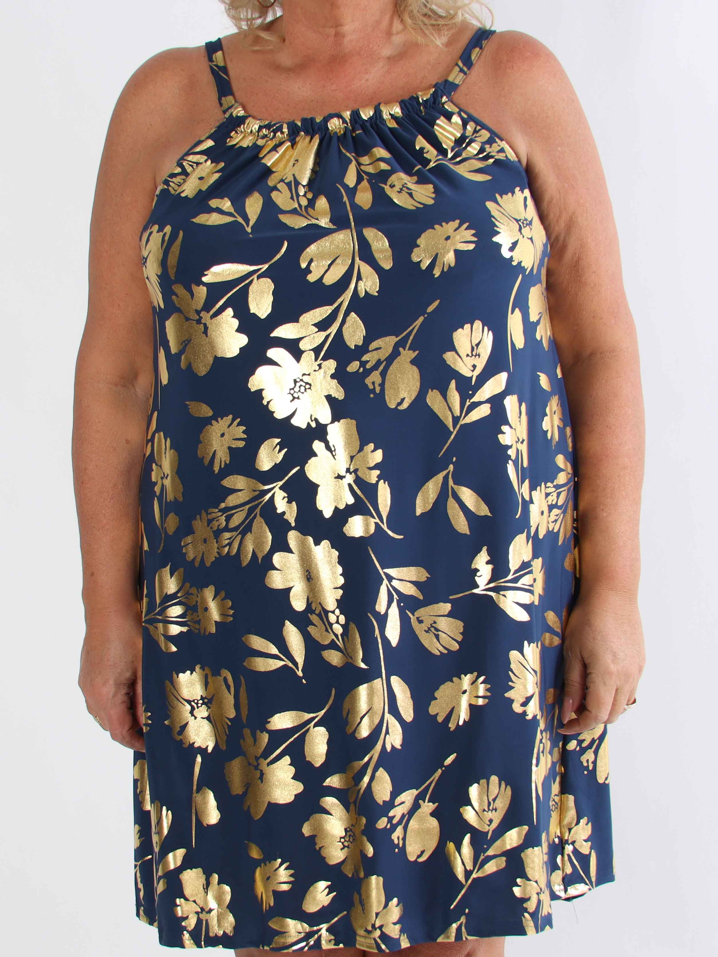 SunLove Gold Flower - Elastisk plus size stropkjole med store guldblade
